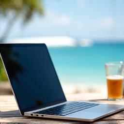 Un ordinateur portable sur une table avec vue sur la mer pour un séjour bleisure